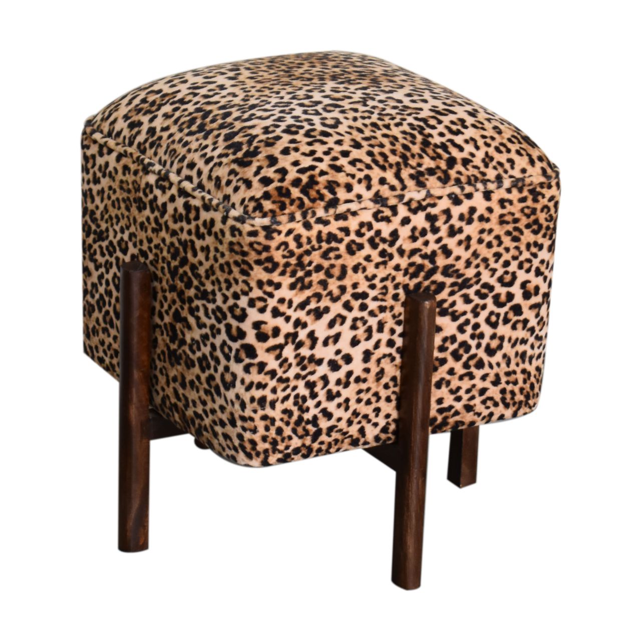 Leopard Print Footstool with Solid Wood Legs