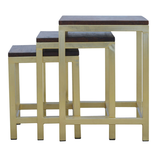 Golden Table/Stool set of 3 with Chunky Wooden top
