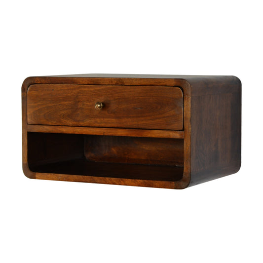 Curved Chestnut Wall Mounted Bedside Cabinet with Open Slot