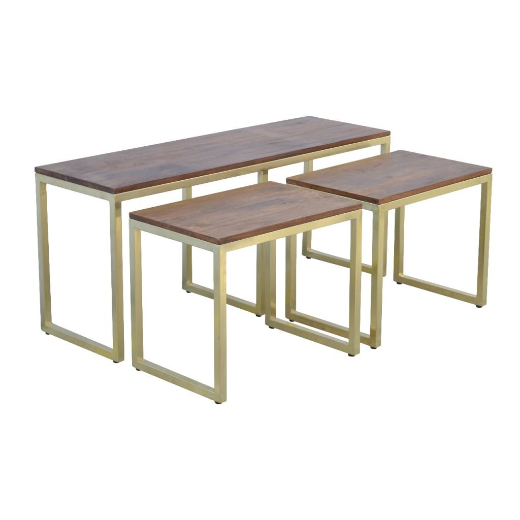 Solid Wood & Iron Gold Base Table Set of 3