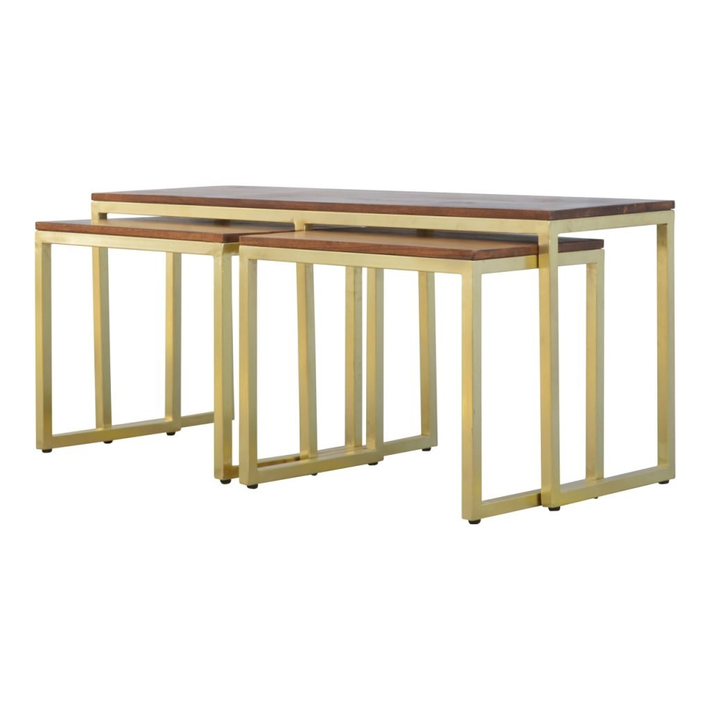 Solid Wood & Iron Gold Base Table Set of 3