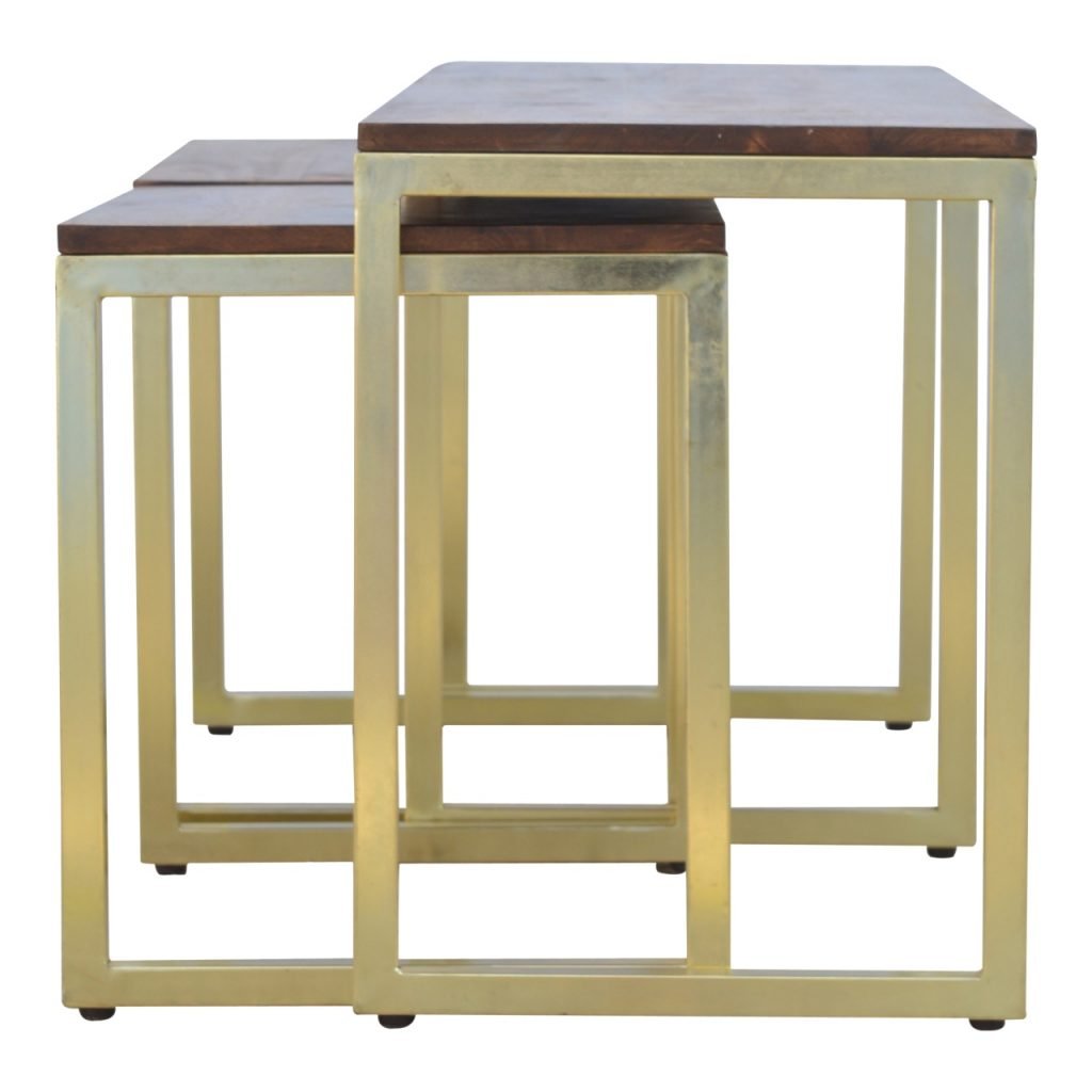 Solid Wood & Iron Gold Base Table Set of 3