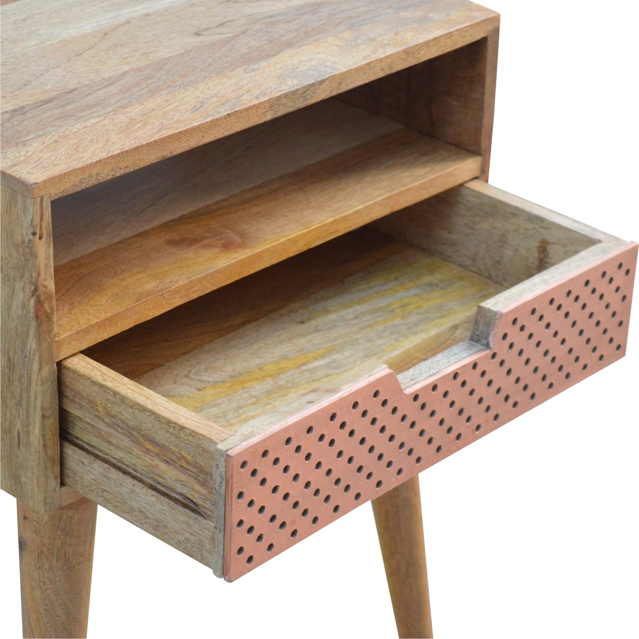 Perforated Copper Bedside Cabinet with Open Slot