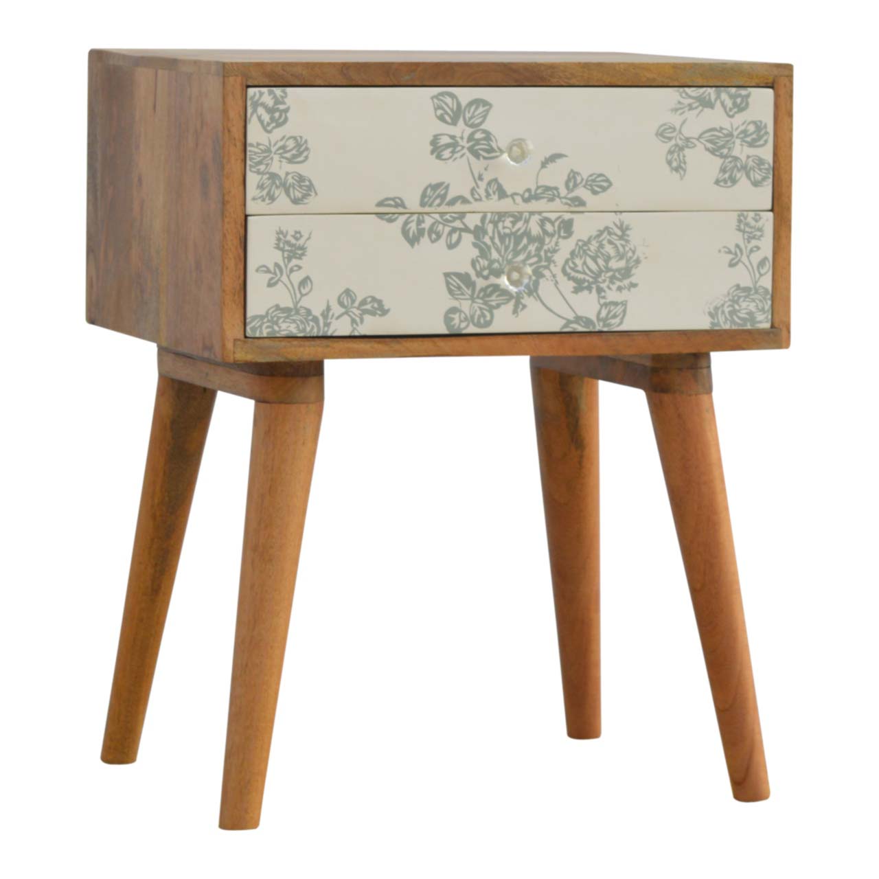 Green Floral Screen Printed Bedside Cabinet