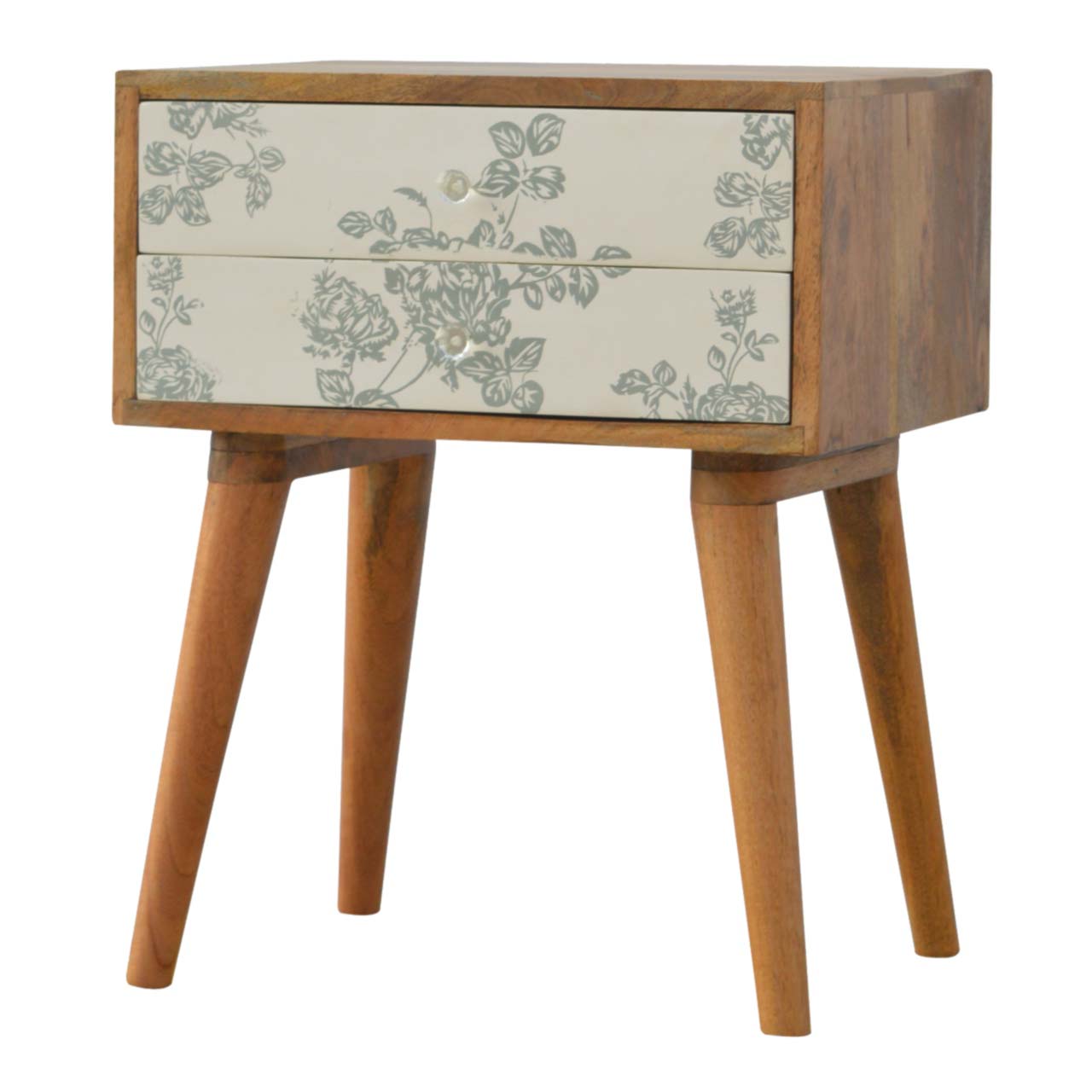 Green Floral Screen Printed Bedside Cabinet