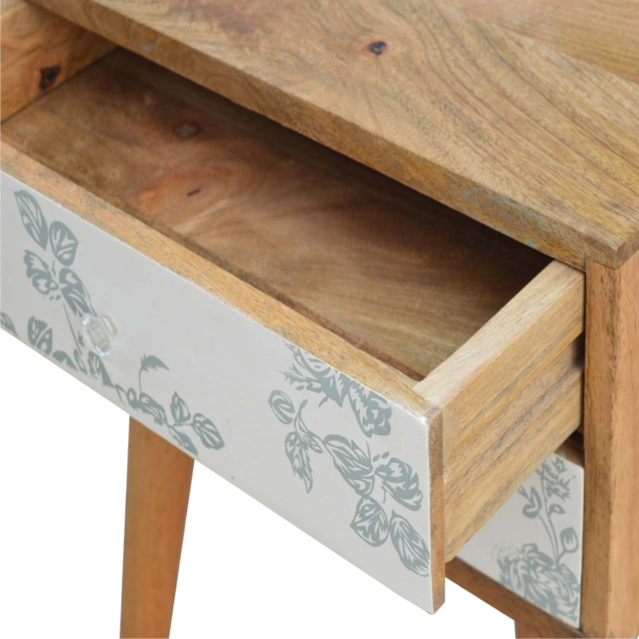 Green Floral Screen Printed Bedside Cabinet